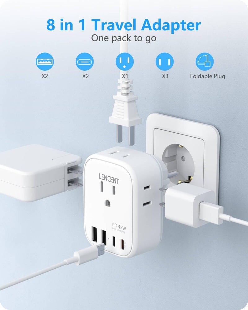 Lencent محول طاقة السفر إلى ألمانيا وفرنسا، شاحن سريع PD 45W USB C، محول شوكو نوع E F مع 4 مآخذ، أساسيات السفر من الولايات المتحدة إلى أوروبا، إسبانيا، اليونان، روسيا، ألمانيا، كوريا الجنوبية - Image 5